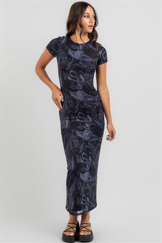 Lacivert Batik Desen Uzun Elbise MG1849