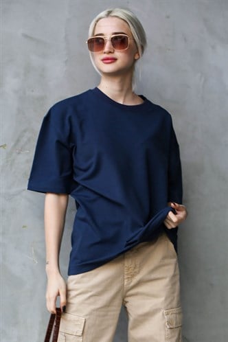 Lacivert Bisiklet Yaka Basic Oversize T-shirt MG1687