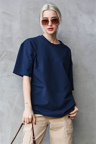 Lacivert Bisiklet Yaka Basic Oversize T-shirt MG1687