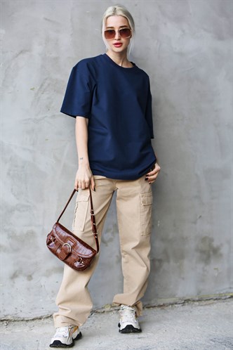 Lacivert Bisiklet Yaka Basic Oversize T-shirt MG1687
