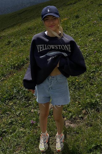 Lacivert Bisiklet Yaka Baskılı Sweatshirt MG1571