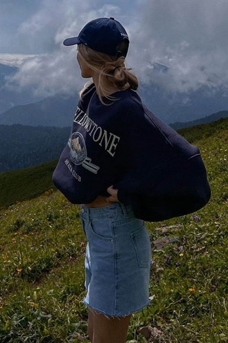 Lacivert Bisiklet Yaka Baskılı Sweatshirt MG1571