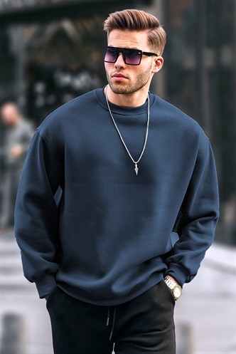 Navy Blue Basic Crewneck Raised Oversize Sweatshirt 6048