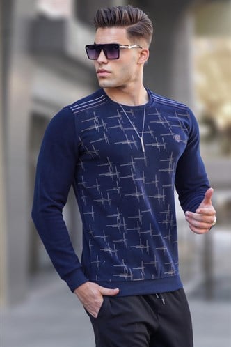 Navy Blue Designed Knitwear Sweater 5968