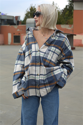 Lacivert Oversize Kadın Oduncu Gömlek MG1589