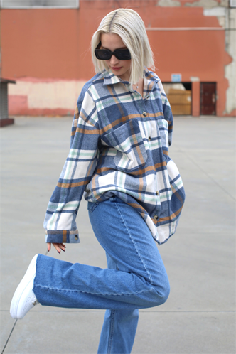 Lacivert Oversize Kadın Oduncu Gömlek MG1589
