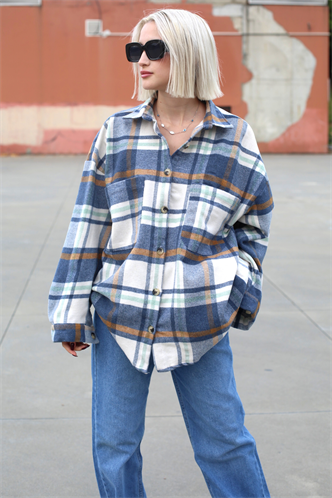 Lacivert Oversize Kadın Oduncu Gömlek MG1589