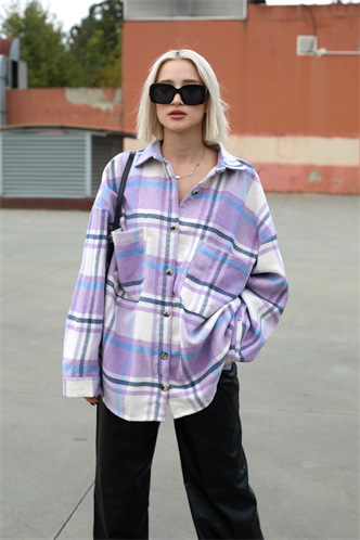 Lila Oversize Kadın Oduncu Gömlek MG1589