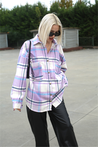 Lila Oversize Kadın Oduncu Gömlek MG1589