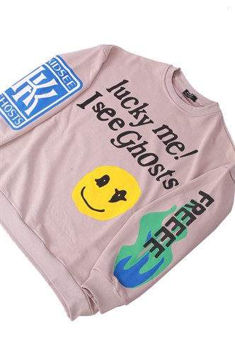 Mad Girls Printed Oversize Beige Sweatshirt Mg1206