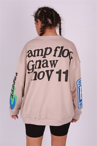 Mad Girls Printed Oversize Beige Sweatshirt Mg1206
