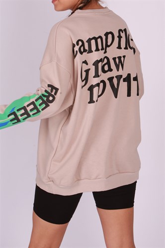 Mad Girls Printed Oversize Beige Sweatshirt Mg1206