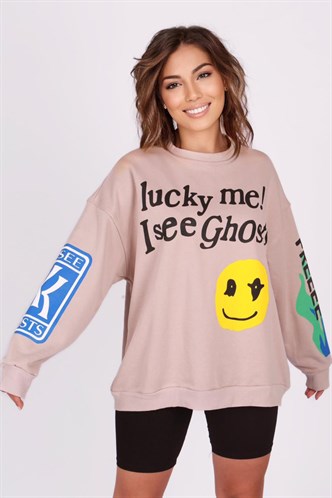 Mad Girls Printed Oversize Beige Sweatshirt Mg1206