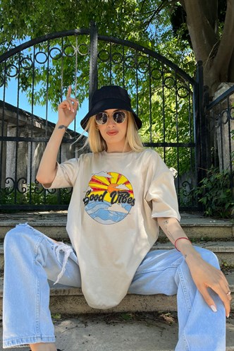 Mad Girls Bej Baskılı Tişört Mg1148