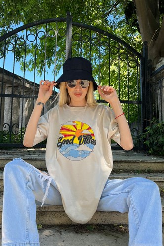 Mad Girls Bej Baskılı Tişört Mg1148