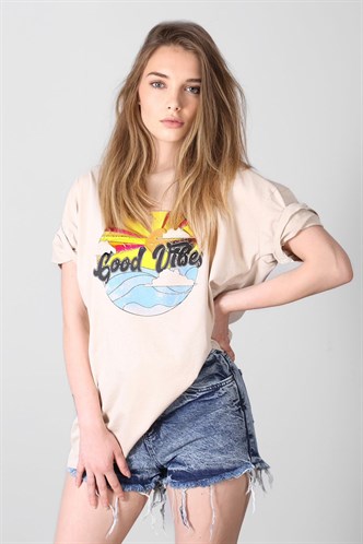 Mad Girls Bej Baskılı Tişört Mg1148