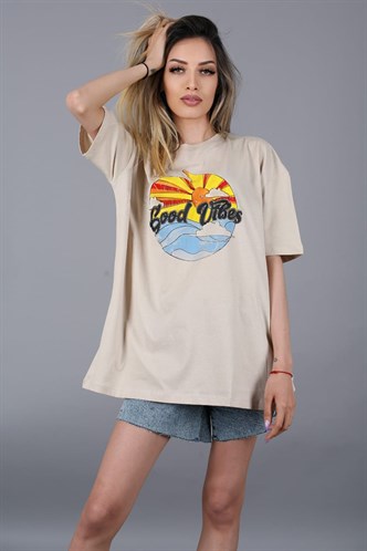 Mad Girls Bej Baskılı Tişört Mg1148