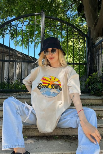 Mad Girls Bej Baskılı Tişört Mg1148