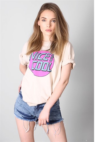 Mad Girls Bej Baskılı Tişört Mg1149