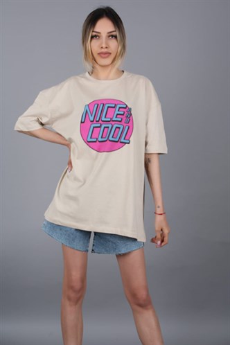Mad Girls Bej Baskılı Tişört Mg1149