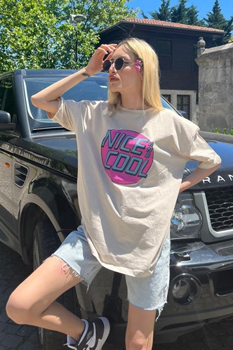 Mad Girls Bej Baskılı Tişört Mg1149