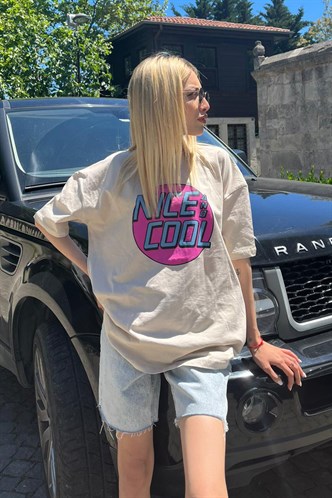 Mad Girls Bej Baskılı Tişört Mg1149