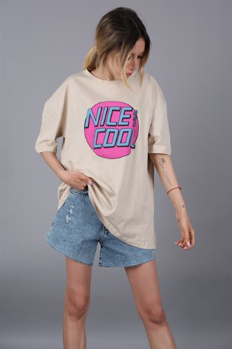 Mad Girls Bej Baskılı Tişört Mg1149