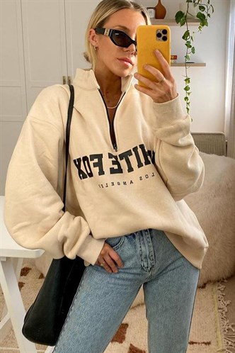  Bej Fermuar Detaylı Baskılı Sweatshirt Mg1246