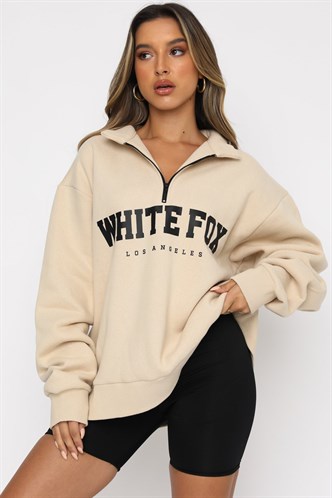  Bej Fermuar Detaylı Baskılı Sweatshirt Mg1246