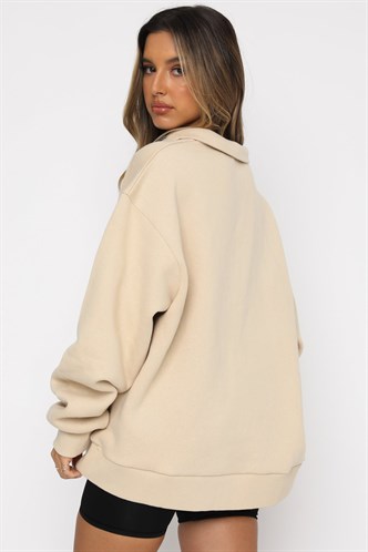  Bej Fermuar Detaylı Baskılı Sweatshirt Mg1246