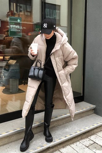 Mad Girls Beige Long Puffer Jacket MG1303
