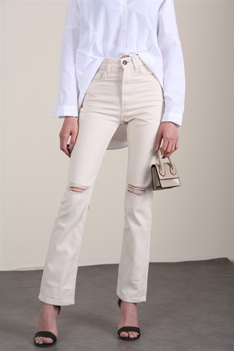 Mad Girls Bej Yırtık Detaylı Dar Kalıp Jean MG1305