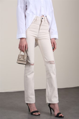 Mad Girls Bej Yırtık Detaylı Dar Kalıp Jean MG1305