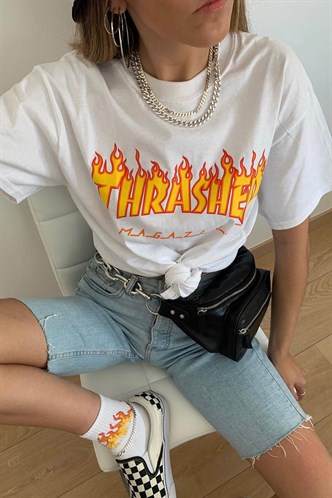 Women Printed Oversize White T-Shirt MG1346