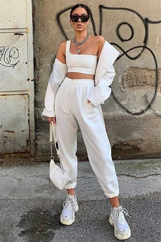 Mad Girls Oversize Elastic Cuffed White Sweatpants MG324