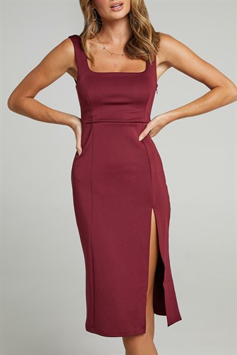 Mad Girls Plain Maroon Midi Dress MG1423