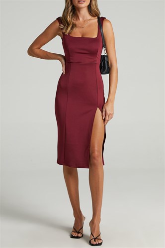 Mad Girls Plain Maroon Midi Dress MG1423