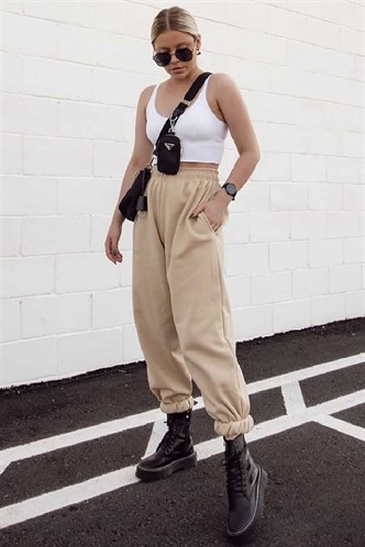 Mad Girls Oversize Elastic Cuffed Camel Sweatpants MG324