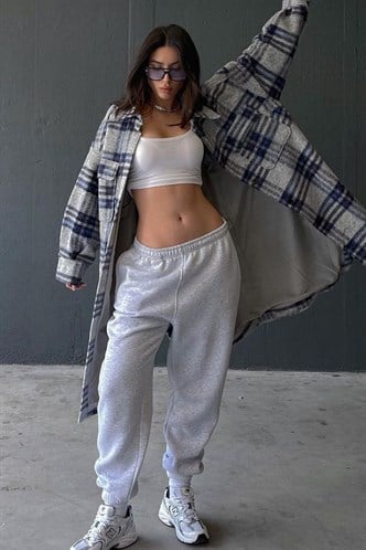 Mad Girls Gri Paça Lastikli Oversize Kadın Eşofman MG324