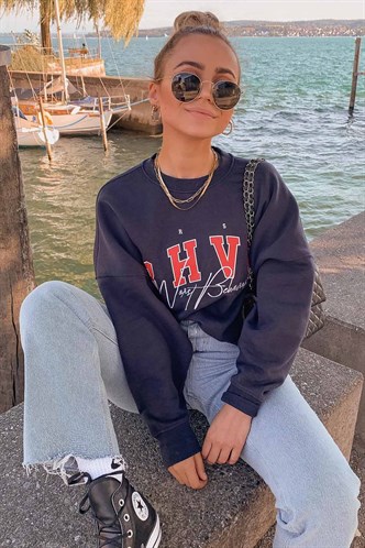 Mad Girls Lacivert Nakışlı Sweatshirt MG813