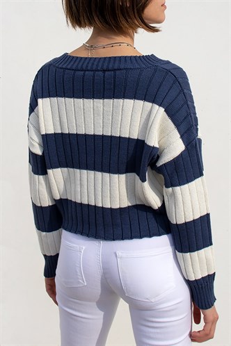 Lacivert V Yaka Çizgili Crop Kadın Kazak MG1441