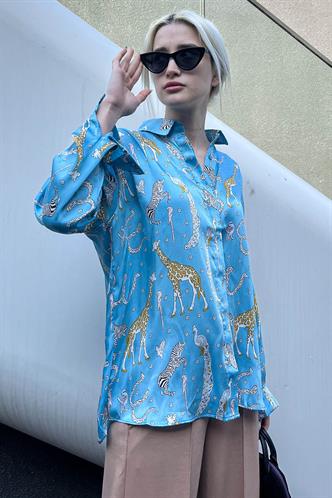 Mad Girls Leoparlı Turkuaz Saten Gömlek MG187