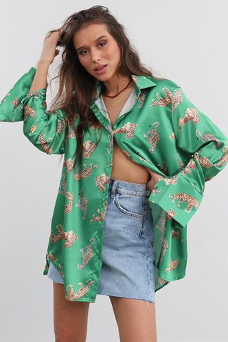 Mad Girls Green Designed Satin Shirt MG187
