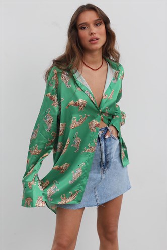Mad Girls Green Designed Satin Shirt MG187