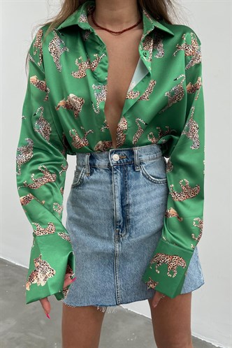Mad Girls Green Designed Satin Shirt MG187