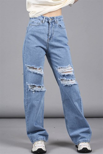 Mad Girls Mavi Yırtıklı Straight Leg Jean Mg1152