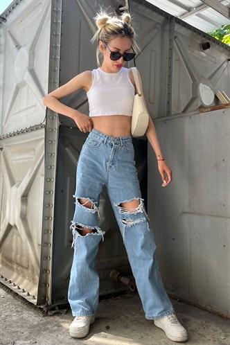 Mad Girls Mavi Yırtıklı Straight Leg Jean Mg1152