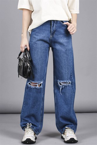 Mad Girls Mavi Yırtıklı Straight Leg Jean Mg1153