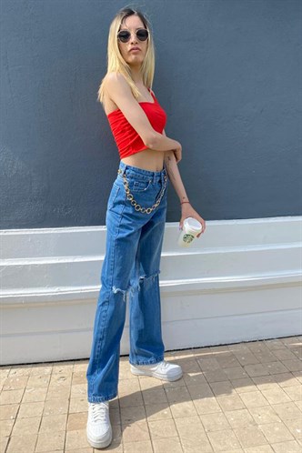 Mad Girls Mavi Yırtıklı Straight Leg Jean Mg1161