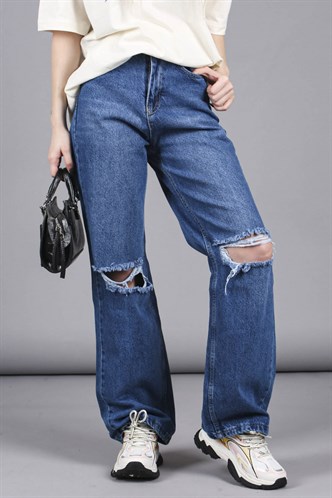 Mad Girls Mavi Yırtıklı Straight Leg Jean Mg1153